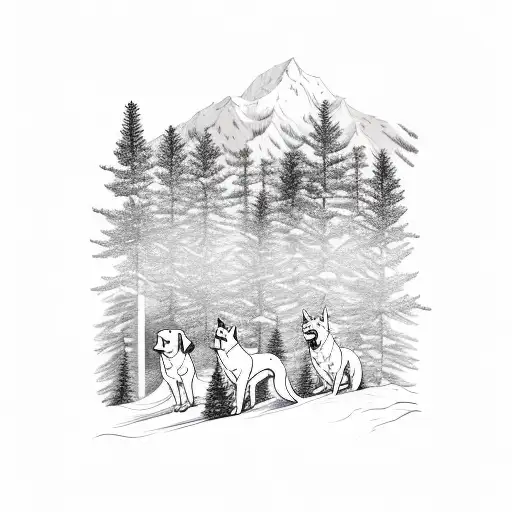 A pack of dogs running through a forest of fir trees with snow-capped mountains in the background tattoo design idea