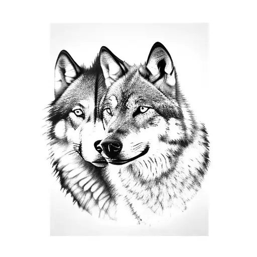 A stunning black and grey portrait of a wolf and a dog facing each other, with a backdrop of Montana's breathtaking mountains and fir trees tattoo design idea