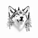 A silhouette of a dog trainer with a wolf and a dog sitting on either side, framed by towering fir trees and mountains tattoo design idea