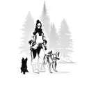 A silhouette of a dog trainer with a wolf and a dog sitting on either side, framed by towering fir trees and mountains tattoo design idea