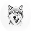 A silhouette of a dog trainer with a wolf and a dog sitting on either side, framed by towering fir trees and mountains tattoo design idea