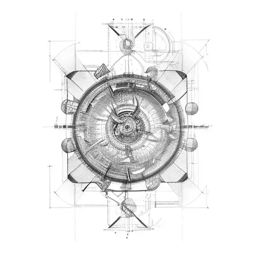 A mechanical engineering blueprint infused with philosophical quotes tattoo design idea