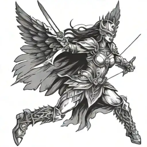 A fierce Valkyrie warrior engaged in battle, symbolizing strength and determination tattoo design idea