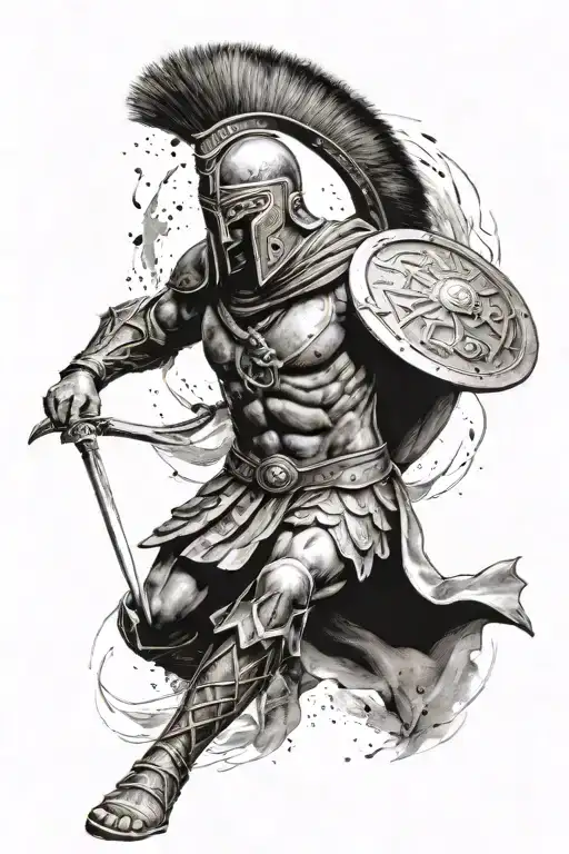 A detailed depiction of a Spartan warrior in battle, showcasing discipline and courage tattoo design idea