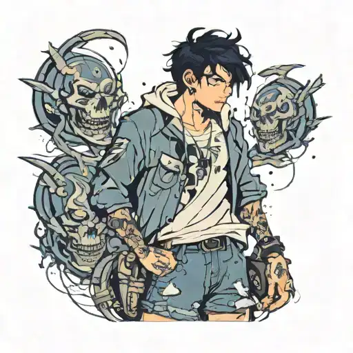 boy with black hair and dark blue eyes in shorts and a torn pullover  tattoo design idea