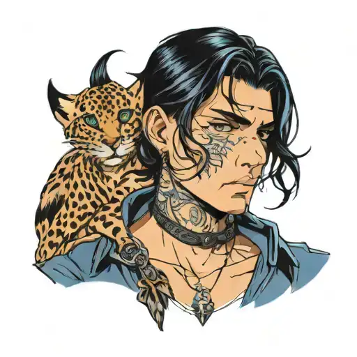 boy with black hair and dark blue eyes wearing a choker necklace  tattoo design idea