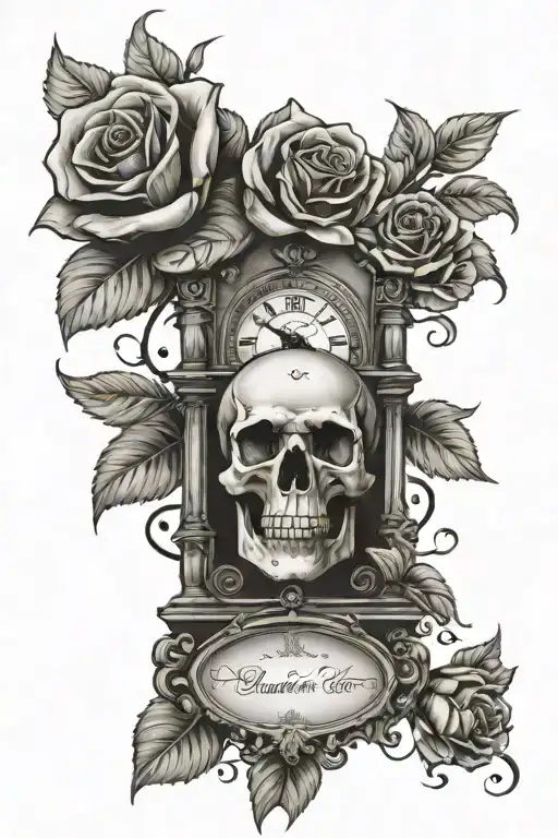 momento mori banner over grandfather clock with skull and roses  tattoo design idea