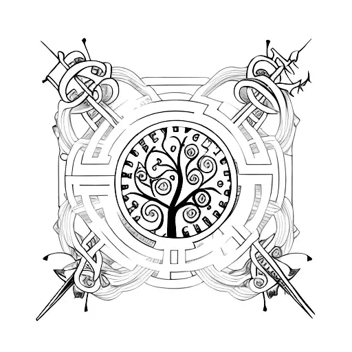 Tree of Life with god cross and swords with time clock tattoo design idea