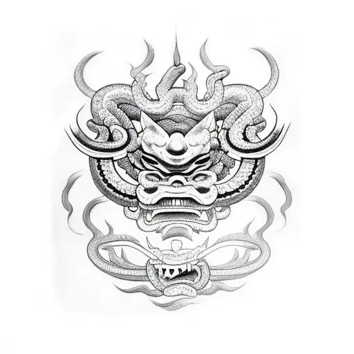 Oni Mask with Snake tattoo design idea