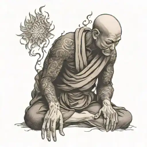 burning monk meditating tattoo design idea