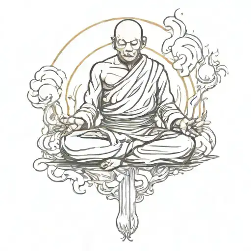 burning monk meditating tattoo design idea