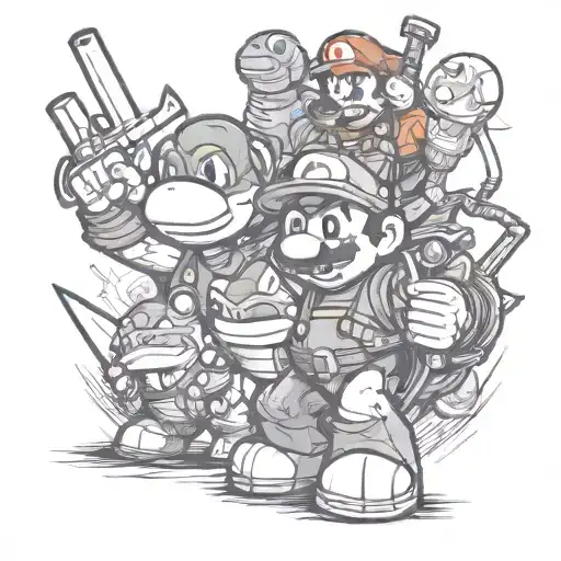 Incorporate iconic symbols from both Super Mario and Teenage Mutant Ninja Turtles into a tattoo design tattoo design idea