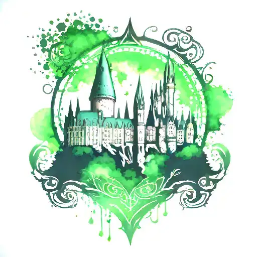hogwarts castle stencil with green watercolor background tattoo design idea