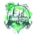 hogwarts castle stencil with green watercolor background tattoo design idea
