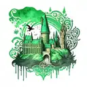 hogwarts castle stencil with green watercolor background tattoo design idea