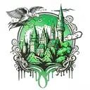 hogwarts castle stencil with green watercolor background tattoo design idea