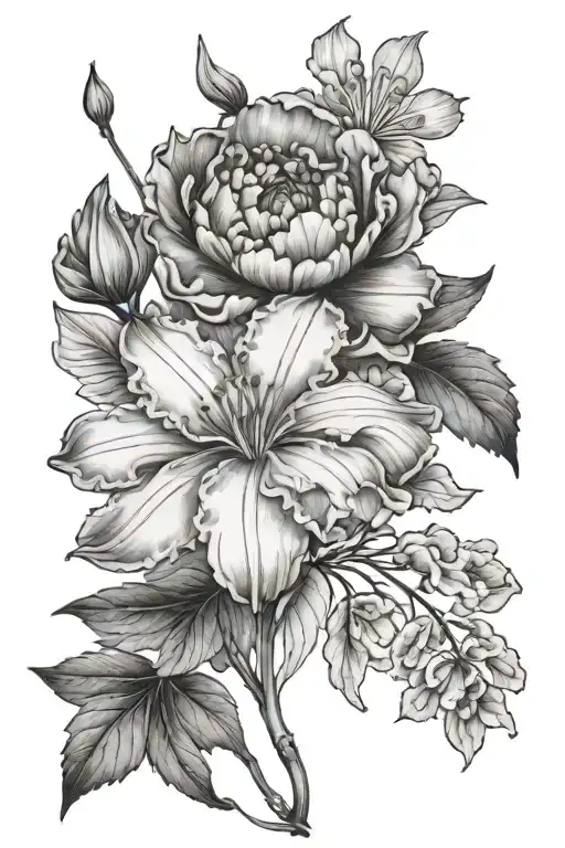 one snowdrop flower, two carnations, one peony, one violet and one sweet pea tattoo design idea