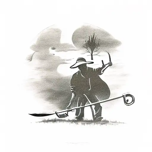 Tattoo containing silouette of a farmer with a Scythe. He is walking with the scythe in a field of wheat. tattoo design idea