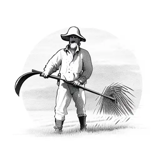 Silouette of a Farmer with a Scythe in a field cutting wheat tattoo design idea