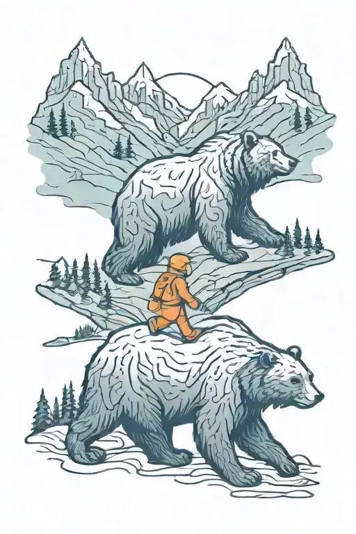 bear and human walking into mountains and wilderness  tattoo design idea