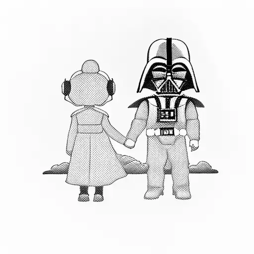 Darth vader holding hands with 6-year-old Princess Leia. The view is from behind, full body. Death Star in the sky tattoo design idea