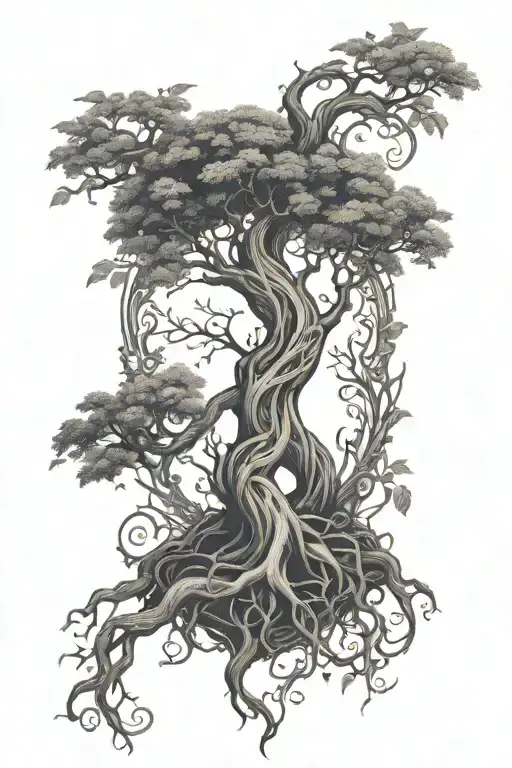 Tree of life intertwined with vines hanging tattoo design idea
