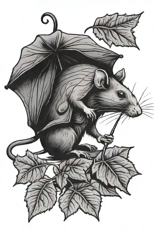 rat using a leaf as an umbrella tattoo design idea