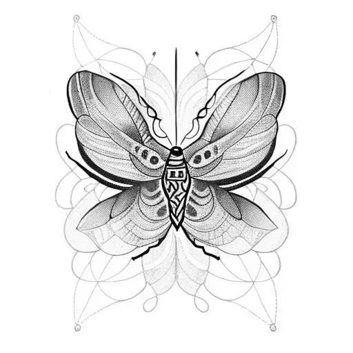 A blackwork tattoo of a moth with intricate sewing patterns as its wings tattoo design idea