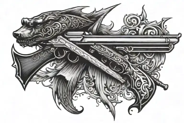 an black parther party shotgun and an spear, side by side in vertical position. do not overlap one on the other. tattoo design idea