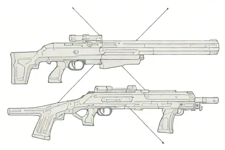 an black parther party shotgun and an lance, side by side in vertical position. do not overlap one on the other. tattoo design idea