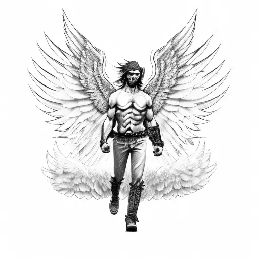 animated male angry angel flying with a mini uzi tattoo design idea