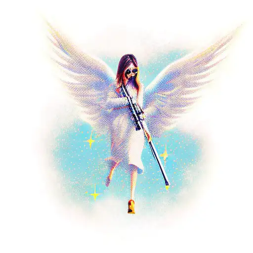 Angel animated flying with a mini uzi tattoo design idea