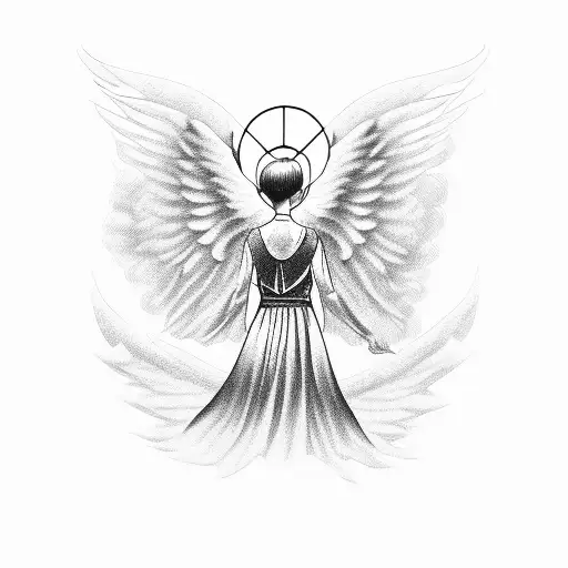Angel flying with a mini uzi tattoo design idea