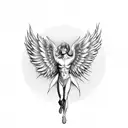 animated  male angel flying with a mini uzi tattoo design idea