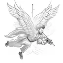 animated  male angel flying with a mini uzi tattoo design idea