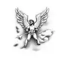 animated  male angel flying with a mini uzi tattoo design idea