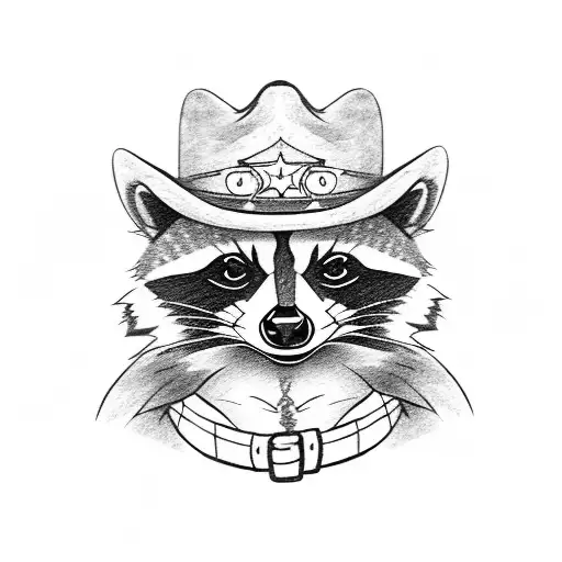cartoony raccoon with a cowboy hat and bandana tattoo design idea