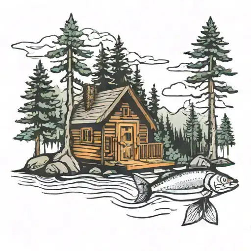 cabin in woods with boat fishing for walleye tattoo design idea