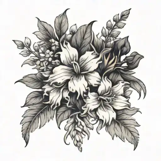 a bouquet of larkspur and marigold  flower intertwined tattoo design idea
