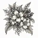 a bouquet of larkspur and marigold  flower intertwined tattoo design idea