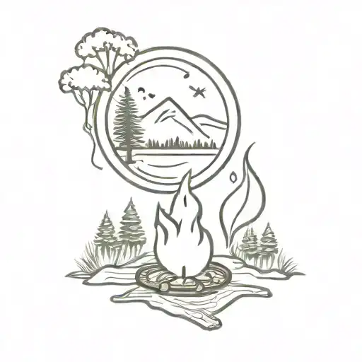 smoking around campfire surrounded by trees background looking through lens tattoo design idea