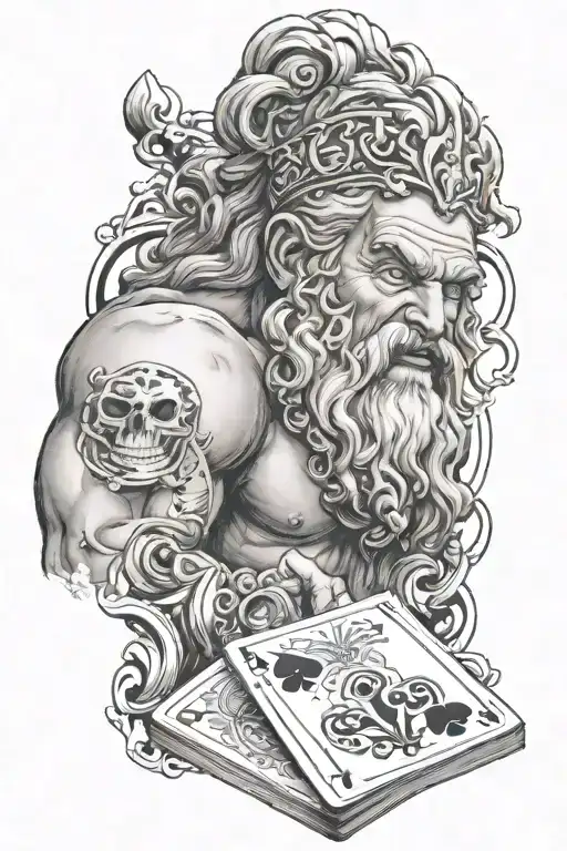 A mix drawing of Zeus holding lighting and a playing cards and a word Primo Gaming tattoo design idea