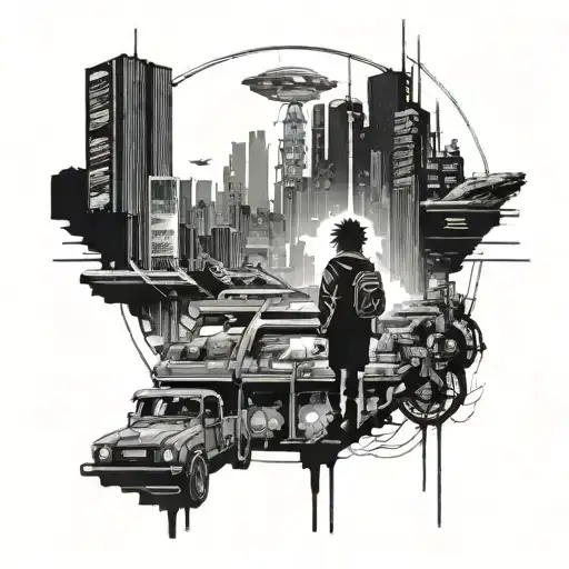 A futuristic cyberpunk anime cityscape with pixelated gaming elements integrated, featuring Obito, Itachi, and Minato as larger-than-life characters tattoo design idea