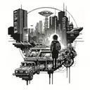 A futuristic cyberpunk anime cityscape with pixelated gaming elements integrated, featuring Obito, Itachi, and Minato as larger-than-life characters tattoo design idea