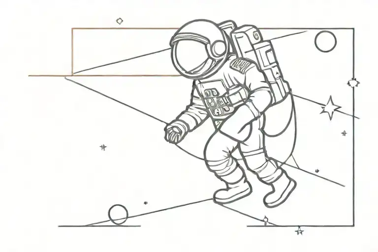 A minimal 2D tattoo design that a disappointed astronaut is walking on a gap between tow lines   tattoo design idea