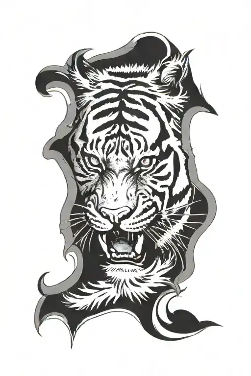 A tribal, black and white, tattoo of a tiger's face that is mature, has a deep scar across its right eye from old battle tattoo design idea
