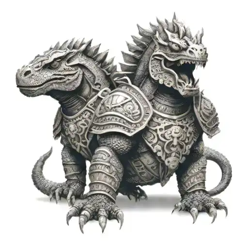 aztec warrior in a komodo dragon style armor with two komodo dragons on both sides  tattoo design idea