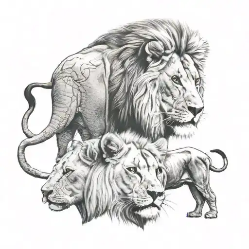 Elephant face and lion face tattoo design idea