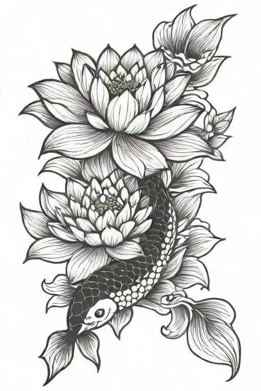 Japanese traditional lotus flowers and koi fish  tattoo design idea