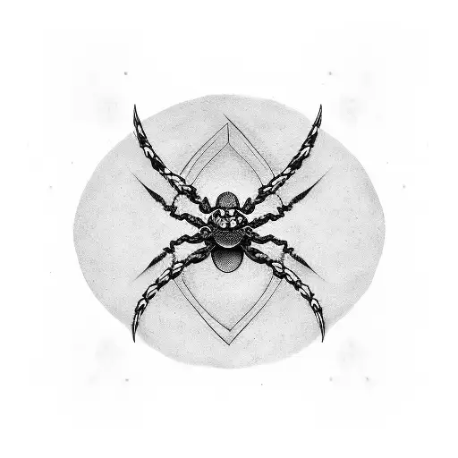 A blackwork tattoo of a katana piercing through a spider's body tattoo design idea